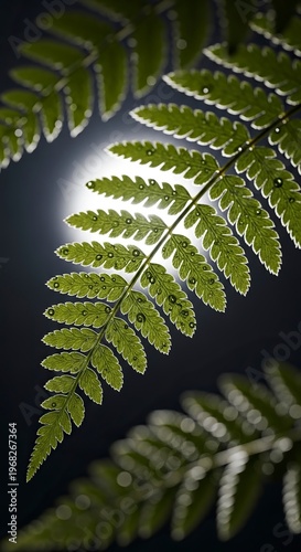 Fern Frond Illuminated by Sunlight - A Detailed Close-Up.