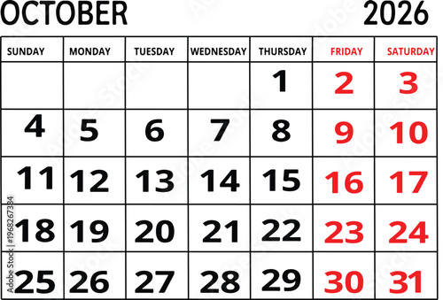 October 2026 calendar grid showing monthly dates for organizational planning and scheduling events in professional or personal environments.