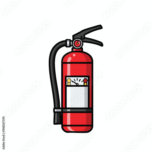 Red fire extinguisher with gauge, hose, and handle on a white background