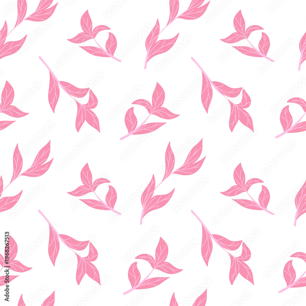 Fototapeta premium Leaves seamless pattern. Pink botanical spring leaves, simple foliage elements. Flat hand drawn minimal illustration design for packaging, branding, textile, wallpaper, print, fabric, wrapping paper