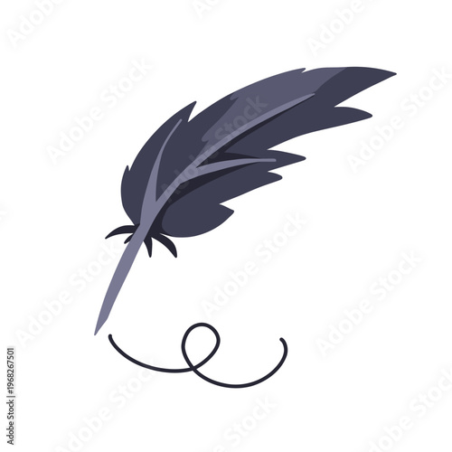 Quill writing illustration. Feather pen drawing line, ink stroke, vintage sketch element. Hand drawn cartoon art for packaging, branding, print, stationery, literature, sticker, web
