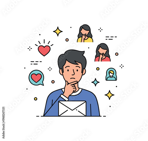 Emotional risks romantic confession concept where a person nervously expresses feelings while tiny sparkle and star icons highlight vulnerability, courage, and