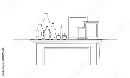 Fireplace Shelf Decor. Minimalistic one-line drawing vases, candles, and picture frames arranged on mantel, continuous single black line on white background,