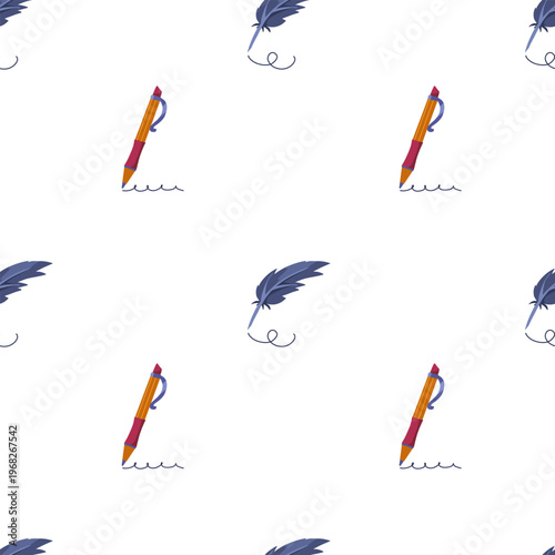 Pen, quill feather seamless pattern. Ballpoint pen, ink, writing elements. Hand drawn cartoon simple art for packaging, branding, textile, wallpaper, print, stationery, wrapping on white background