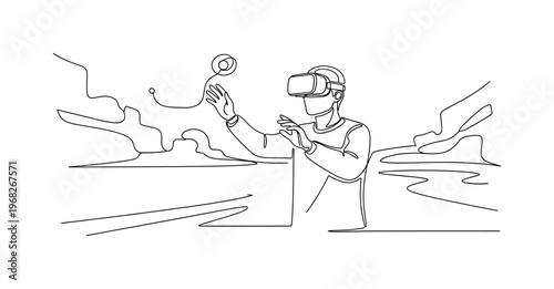 Immersive Simulation. Minimalistic one-line drawing person exploring VR landscape, continuous single black line on white background, simple outline style, no