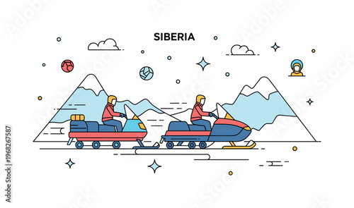 Siberia winter transport scene where snowmobiles traverse frozen terrain while small sparkle and line icons emphasize speed, adaptation, and seasonal activity.