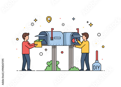 Replacing the mailbox community maintenance concept where neighbors collaborate to upgrade mailboxes while tiny sparkle and star icons highlight teamwork,