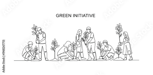 Green Initiative. Minimalistic one-line drawing individuals placing young trees into prepared soil, continuous single black line on white background, simple