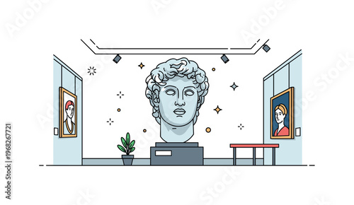 Sculpture modern bust gallery scene where a sculpted head is displayed in an art museum while tiny sparkle and star icons highlight visual interest, style, and