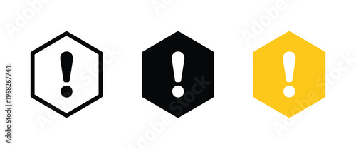 Exclamation mark warning icons inside hexagon shapes with outline solid black and yellow versions