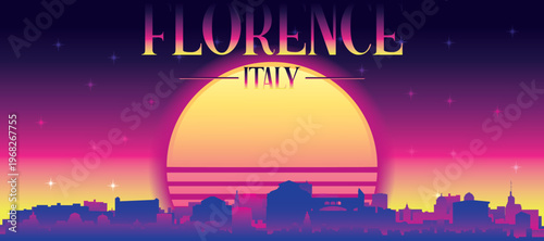 Purple generic retro futuristic synthwave panoramic poster of the city skyline with misty background sunset buildings of FLORENCE, ITALY