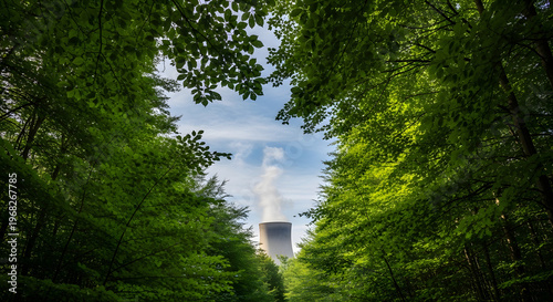 A nuclear power plant surrounded by lush green trees and a blue sky