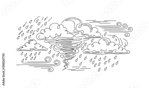 Tempest Scene. Minimalistic one-line drawing storm clouds swirling with raindrops and wind lines, continuous single black line on white background, simple