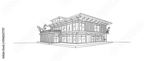 Biodegradable Materials in Building Design. Minimalistic one-line drawing modern building constructed with bamboo, wood, and other eco-friendly materials,