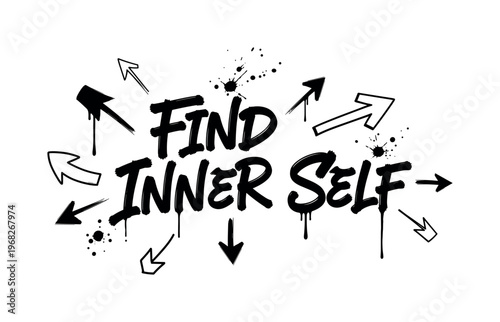 Find Inner Self. lettering and all elements in black. Vector style. AWhite background. Pure white background. Perfect isolation and visual consistency. Dynamic