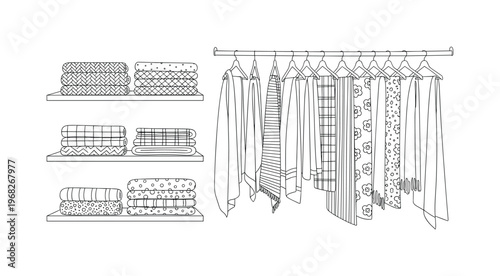 Textile Collection. Minimalistic one-line drawing assortment of decorative fabrics on shelf or rack, continuous single black line on white background, simple
