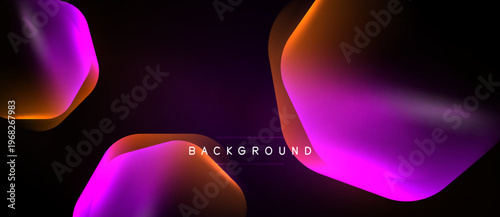 Abstract shapes blend vibrant colors. Gradient transitions create dynamic visual effect. Dark background emphasizes glowing forms. Modern design.