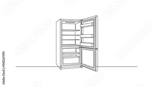 Open Refrigerator. Minimalistic one-line drawing fridge with shelves visible inside, continuous single black line on white background, simple outline style, no