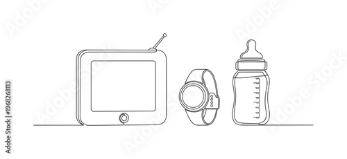 Digital Childcare. Minimalistic one-line drawing smart monitor, wearable tracker, and bottle icons for infant care, continuous single black line on white