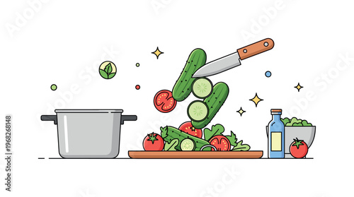 Cucumbers salad preparation scene where cucumbers are mixed with tomatoes and herbs while tiny sparkle and star icons highlight freshness, flavor, and healthy
