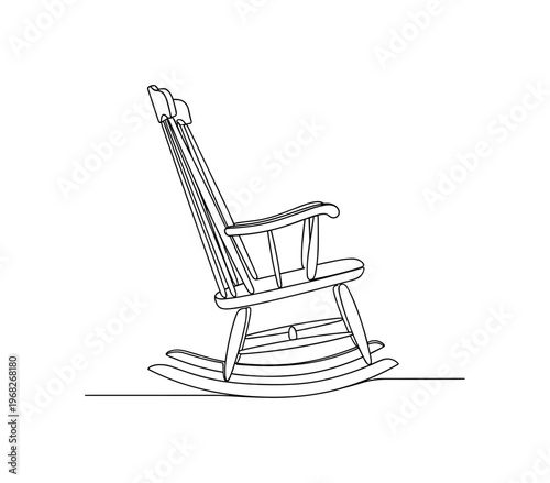 Wooden Rocker. Minimalistic one-line drawing side profile of wooden rocking chair, continuous single black line on white background, simple outline style, no
