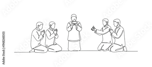 Sacred Ceremony. Minimalistic one-line drawing group of people kneeling and offering objects, continuous single black line on white background, simple outline