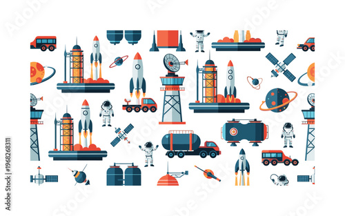 launch site motifs seamless pattern, repeating pattern, surface design, textile print, modern illustration of rockets, astronauts, control towers, launch pads,