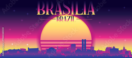 Purple generic retro futuristic synthwave panoramic poster of the city skyline with misty background sunset buildings of BRASILIA, BRAZIL