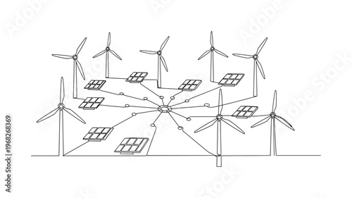Renewable Energy Network. Minimalistic one-line drawing wind turbines and solar panels connected to smart grid, continuous single black line on white