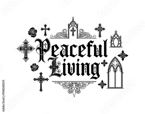 Peaceful Living. lettering and all elements in black. Vector style. AWhite background. Pure white background. Perfect isolation and visual consistency.