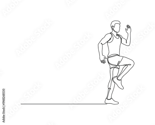 Warm-Up Exercise. Minimalistic one-line drawing individual performing a combination of jogging, arm swings, and knee raises, continuous single black line on