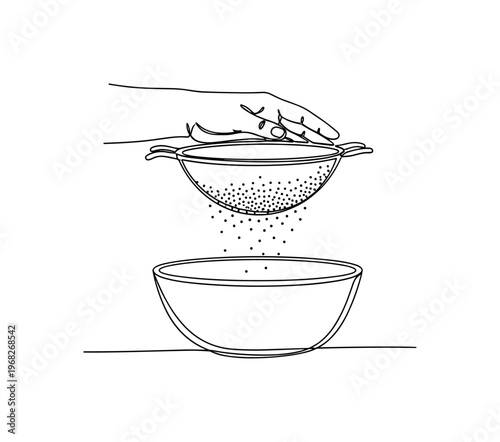 Flour Straining. Minimalistic one-line drawing hand shaking flour through sieve above bowl, continuous single black line on white background, simple outline