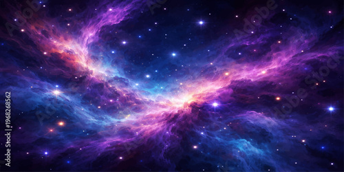 An abstract blue nebula glows within a deep dark cosmos where bright stars and light clouds create a fantasy starry starfield across the vast outer space galaxy universe