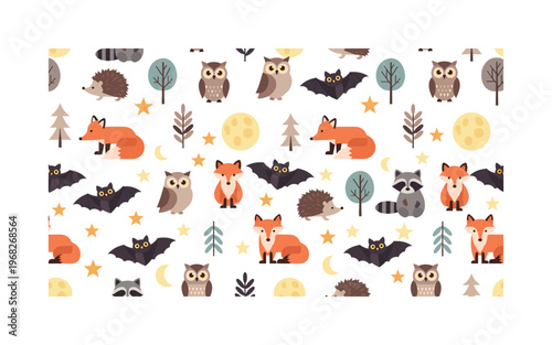 night forest patterns seamless pattern, repeating pattern, surface design, textile print, modern illustration of nocturnal animals, moon, stars, owls, bats,