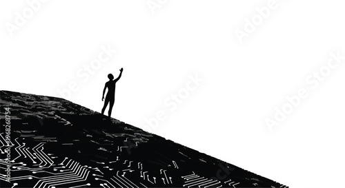 person standing on binary code hill with arm raised