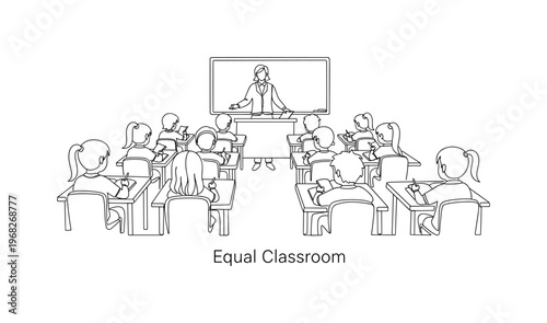 Equal Classroom. Minimalistic one-line drawing children sitting at desks with teacher, continuous single black line on white background, simple outline style,