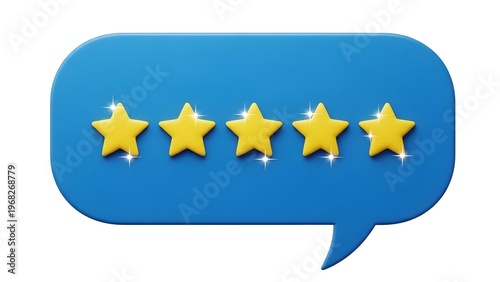 A blue speech bubble with five yellow stars on a transparent background