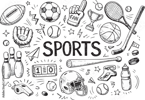 Sports Equipment Doodle Set – Hand Drawn Vector Illustration Collection