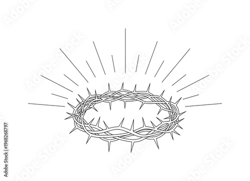 Crown of Thorns. Minimalistic one-line drawing thorn crown with rays of light, continuous single black line on white background, simple outline style, no