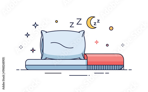 Pillow bedtime scene where a pillow is placed on a soft mattress with blanket nearby while small sparkle and line icons emphasize sleep, comfort, and