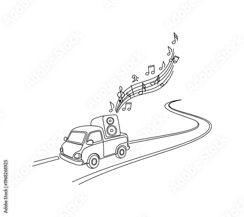 Indie Journey. Minimalistic one-line drawing vehicle on road with music notes rising from speakers, continuous single black line on white background, simple
