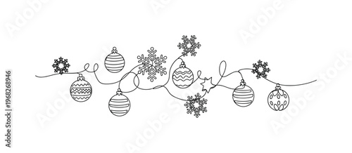 Winter Celebration. Minimalistic one-line drawing snowflakes and baubles in festive arrangement, continuous single black line on white background, simple