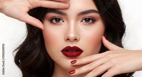 Beautiful Woman with Red Lipstick and Manicured Nails