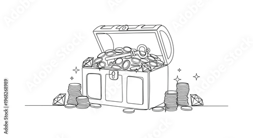 Treasure Hoard. Minimalistic one-line drawing chest with gold coins, gemstones, and key, continuous single black line on white background, simple outline