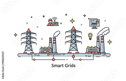 Smart grids electric utility management concept where operators oversee energy distribution while tiny sparkle and star icons highlight control, connectivity,