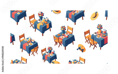 al fresco breakfast patterns seamless pattern, repeating pattern, surface design, textile print, modern illustration of breakfast tables, coffee