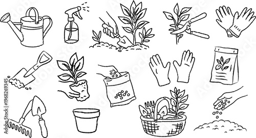 Hand-Drawn Illustrations of Gardening Tools and Procedures — Ideal for Gardening Tutorials, DIY Planting Guides, and Community Greening Campaigns