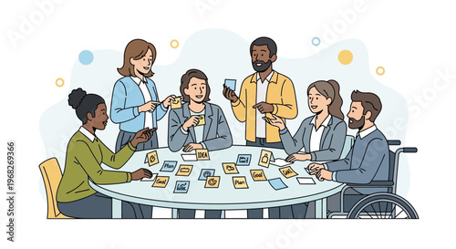 Diverse group playing board game together.