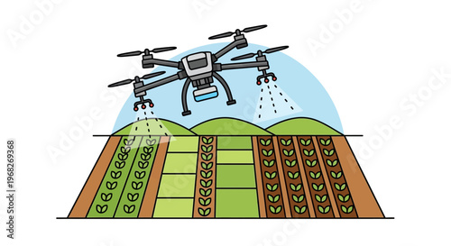 Drone spraying crop field with pesticide.