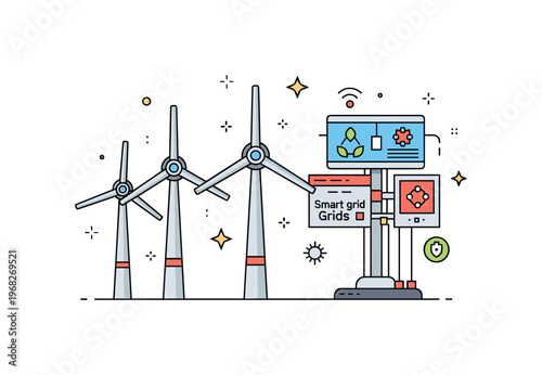Smart grids wind farm integration concept where turbines connect to a smart grid while tiny sparkle and star icons highlight technology, efficiency, and